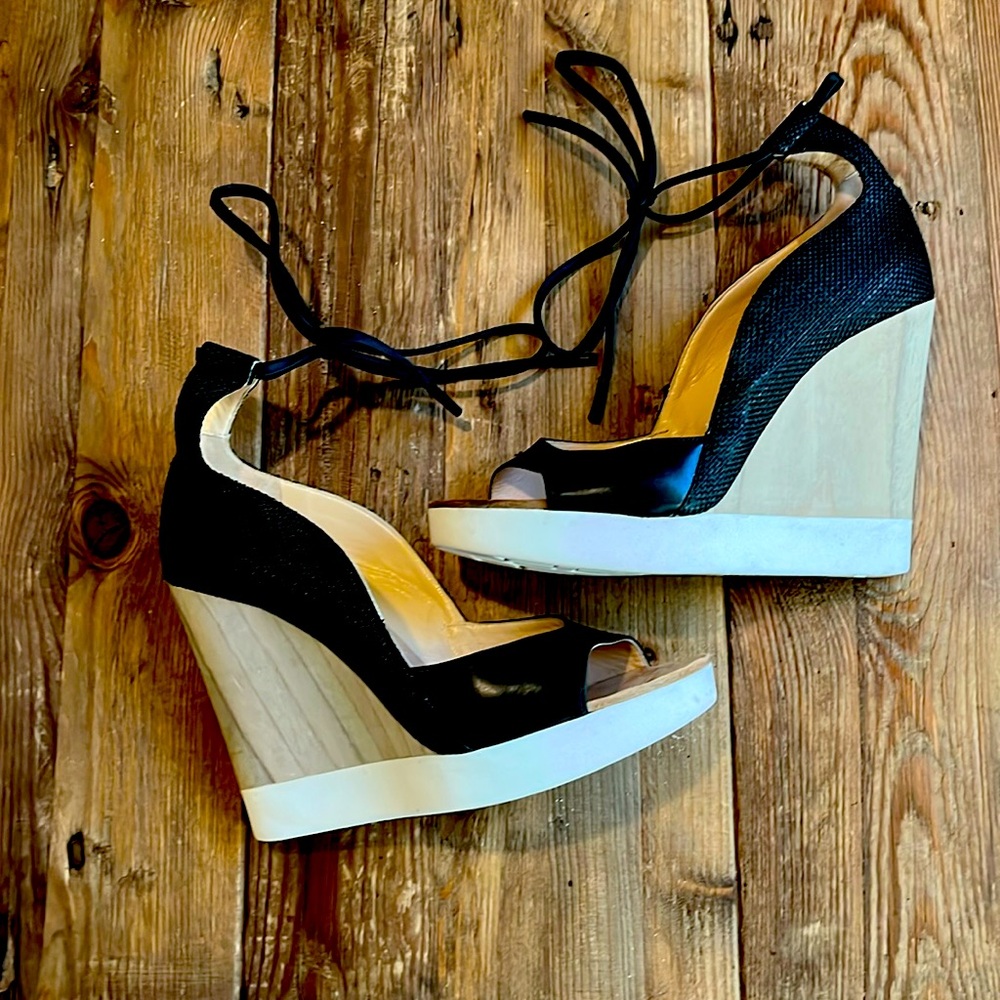 Jil Sander Black Ankle Tie Open Toe Wedge.